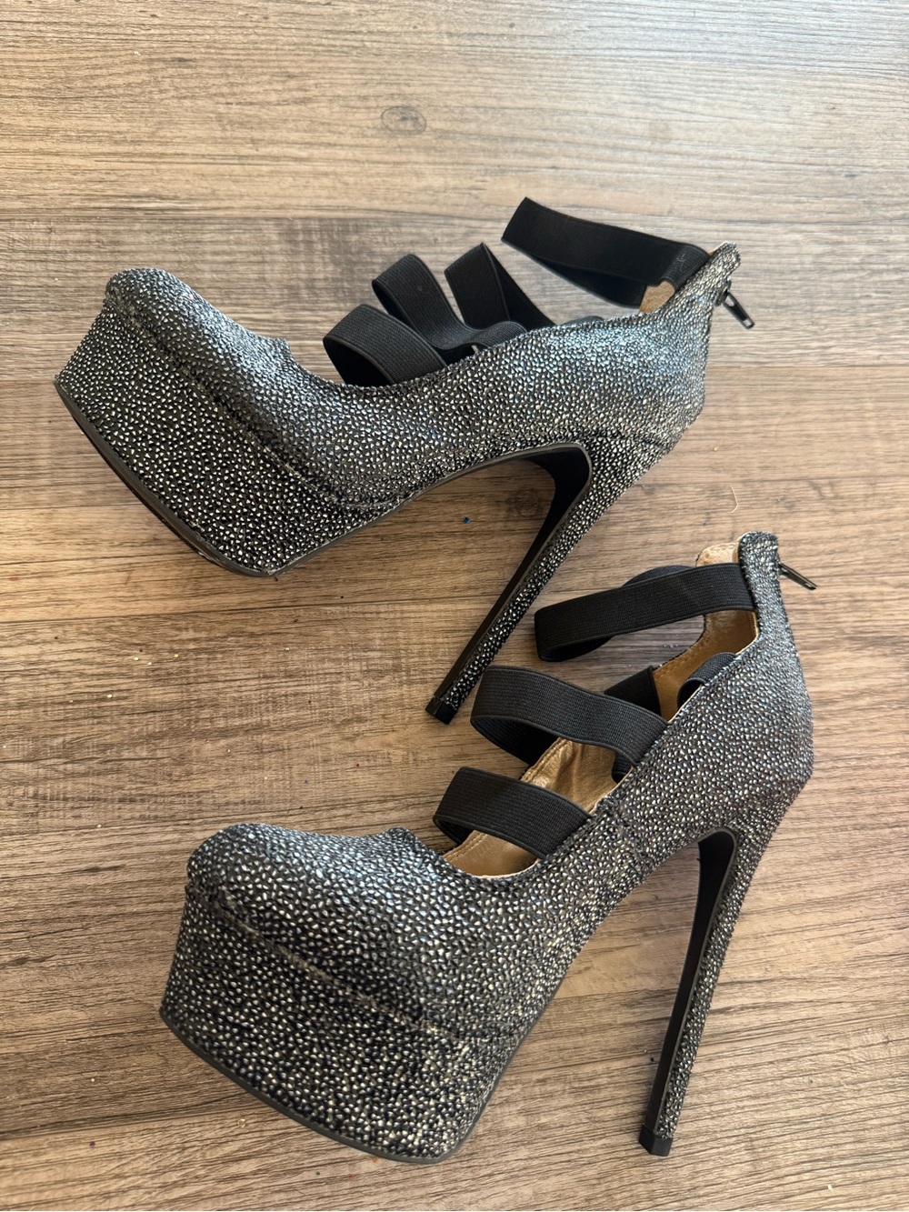 Women's Black Sparkle Platform Heels + black camel heels